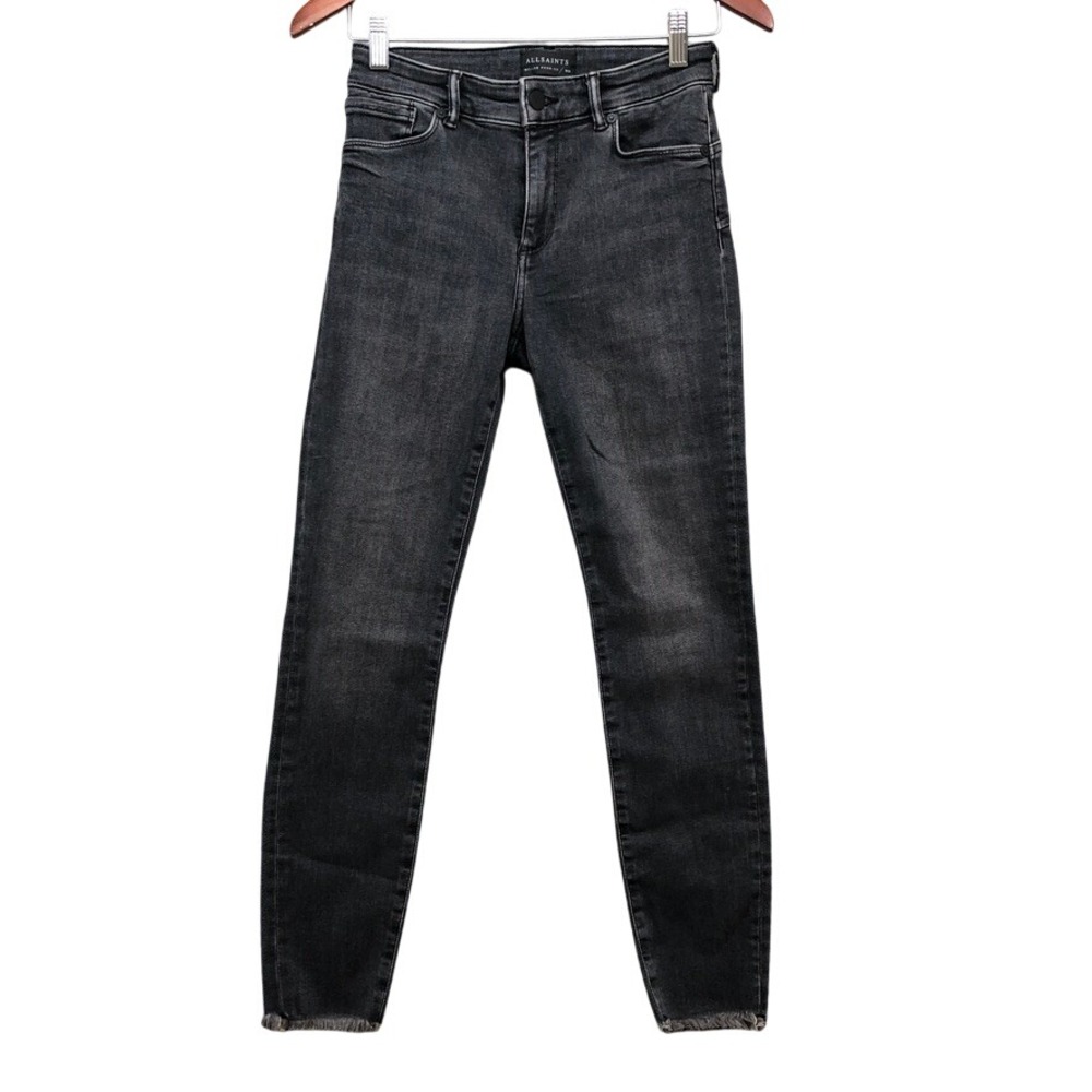 AllSaints Miller Push-Up Jeans Womens 26 2 Black Frayed Hem Skinny Fit Grunge